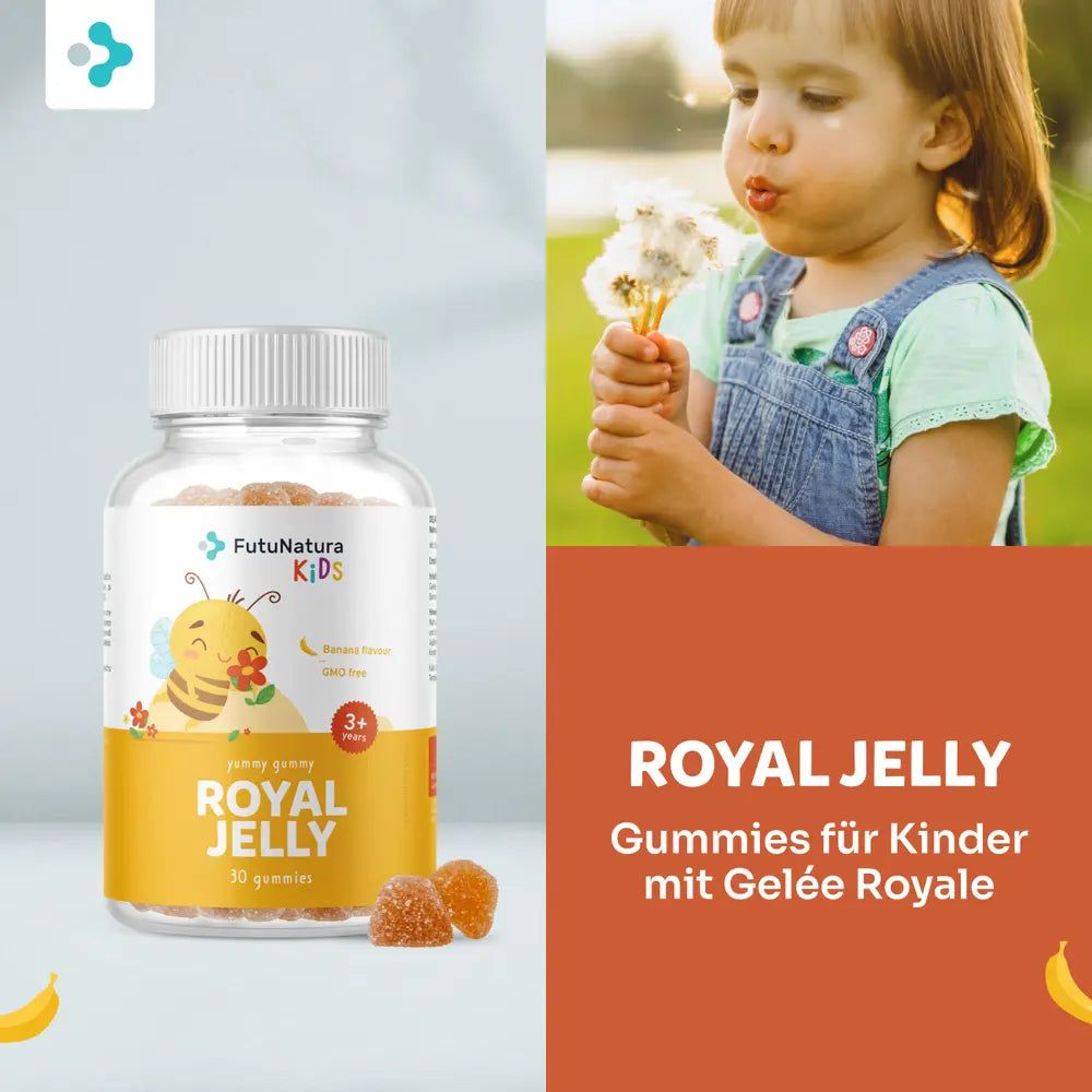 Mädchen pustet Pusteblume. Flasche mit Gummies. Aufkleber mit Produktname, Logo und Inhaltsangaben. 30 Gummies.