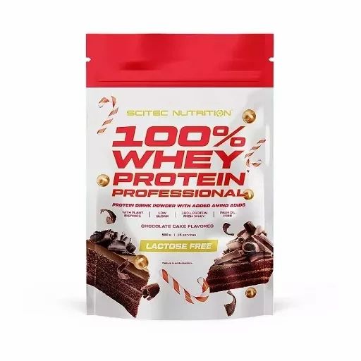 Beutel mit Scitec 100% Whey Protein Professional. Roter Verschluss, weißer Hintergrund. Aufdruck: Produktname, Schokoladenkuchen-Geschmack, laktosefrei.