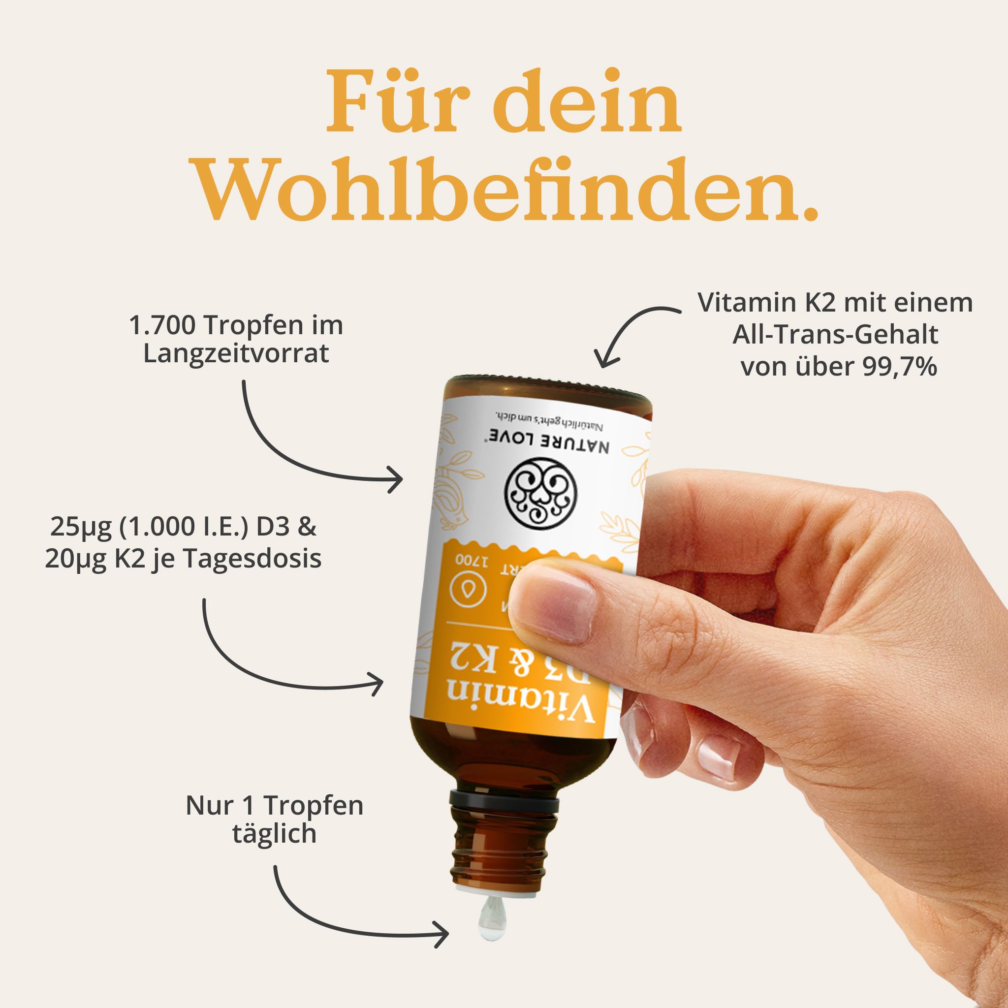 NATURE LOVE® Vitamin D3/K2 (50ml) - K2VITAL® 99,7% all-trans - 1000I.E. Vit D & 20µg Vit K2/Tropfen