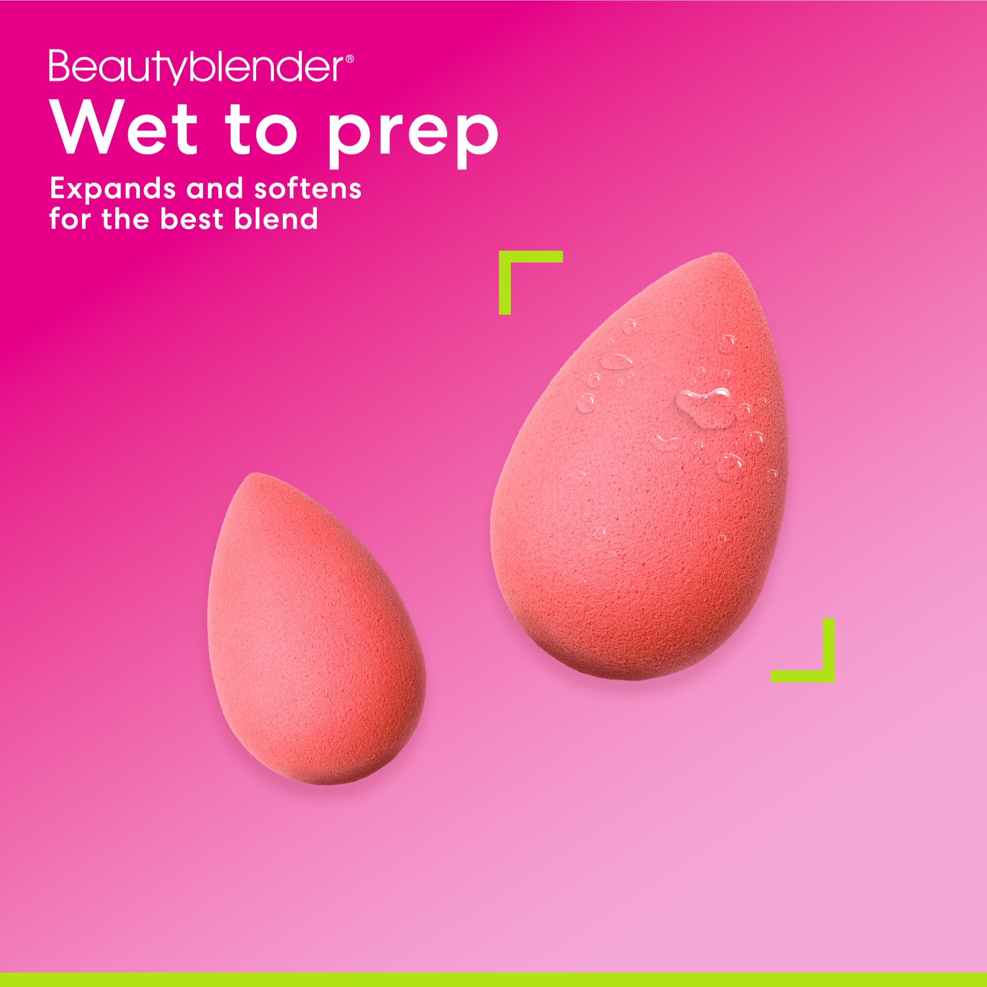 Zwei rote Beautyblender. Text: "Wet to prep". Der größere Schwamm ist nass.