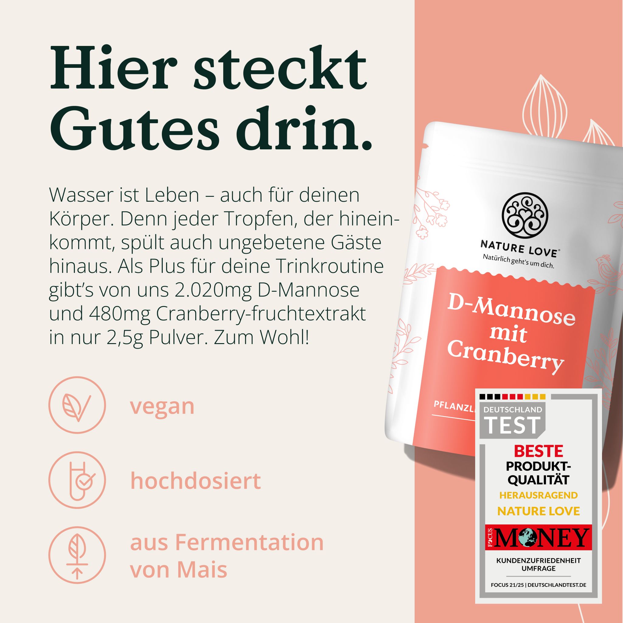Verpackung D-Mannose mit Cranberry. Vegan, pflanzlich. Aus Fermentation von Mais. Mit Siegel 'Beste Produktqualität'.