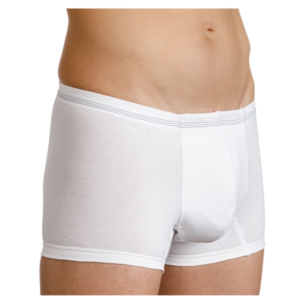 Weiße Inkontinenz-Shorts für Herren. Boxerschnitt, mit blauem Bund. Seitliche Ansicht.