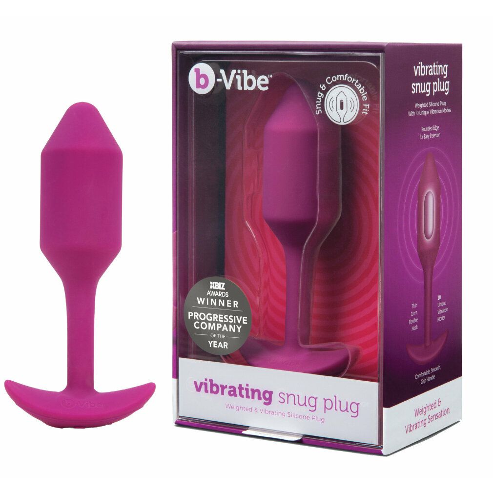 Rosa Plug in Verpackung. Klare Verpackung zeigt Plug. Marke b-Vibe, Text: vibrating snug plug.