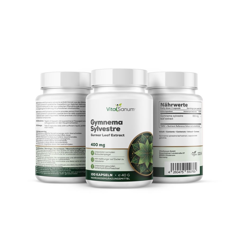 Drei weiße Flaschen mit grünem Etikett. Aufschrift: VitaSanum, Gymnema Sylvestre, 400 mg. 100 Kapseln.