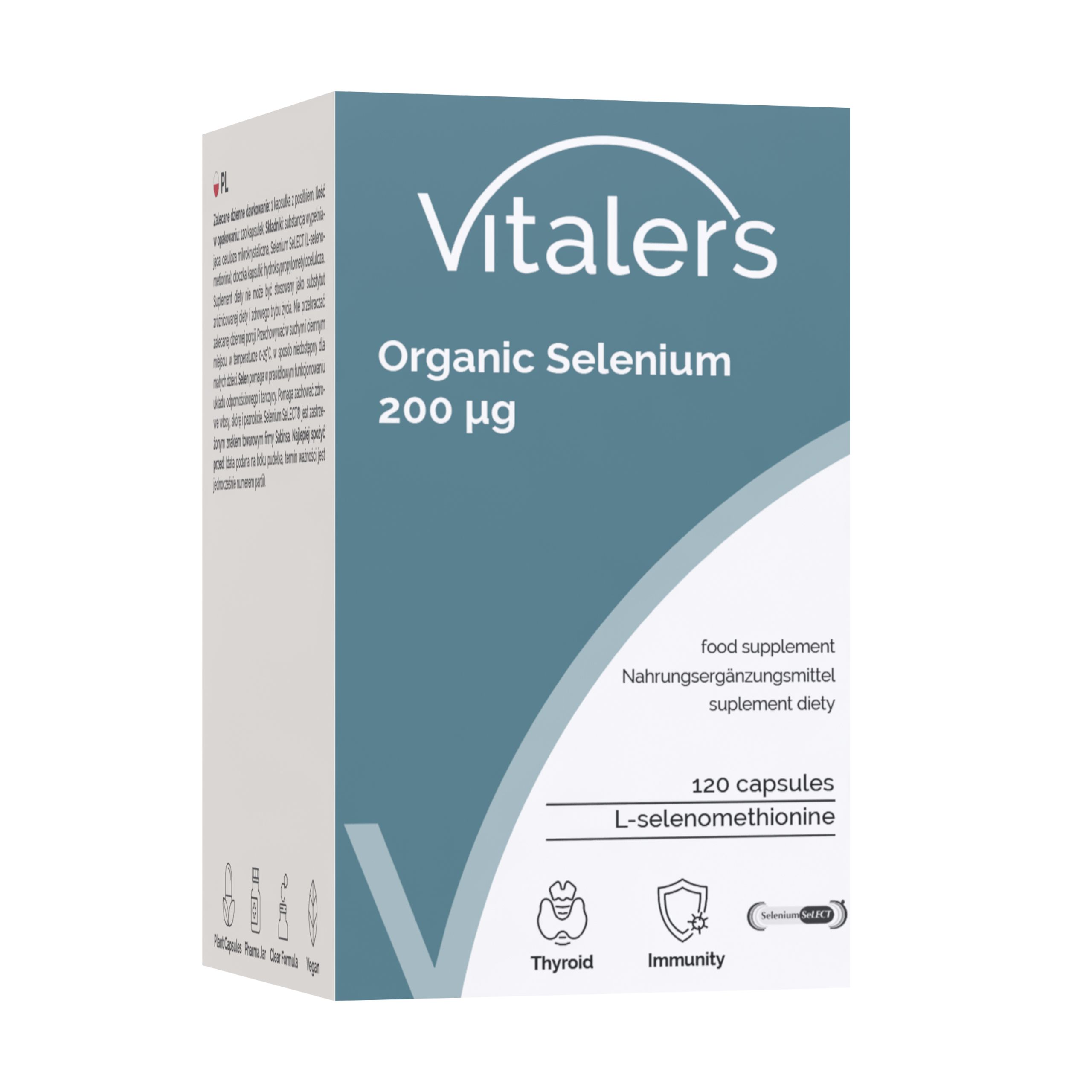 Vitaler’s Organic Selenium 200 µg Faltschachtel mit Produktinformationen.