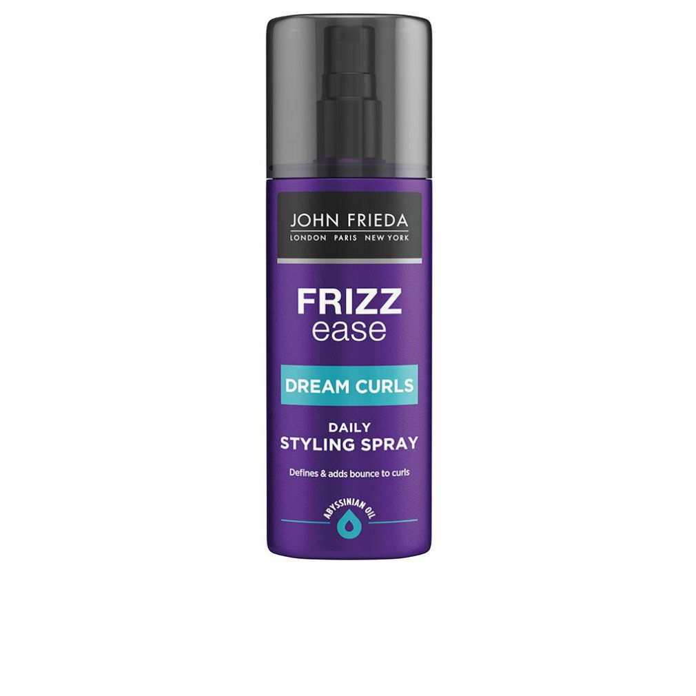 Lila Sprühflasche mit schwarzem Sprühkopf. Aufschrift: John Frieda, Frizz Ease, Dream Curls, Daily Styling Spray.