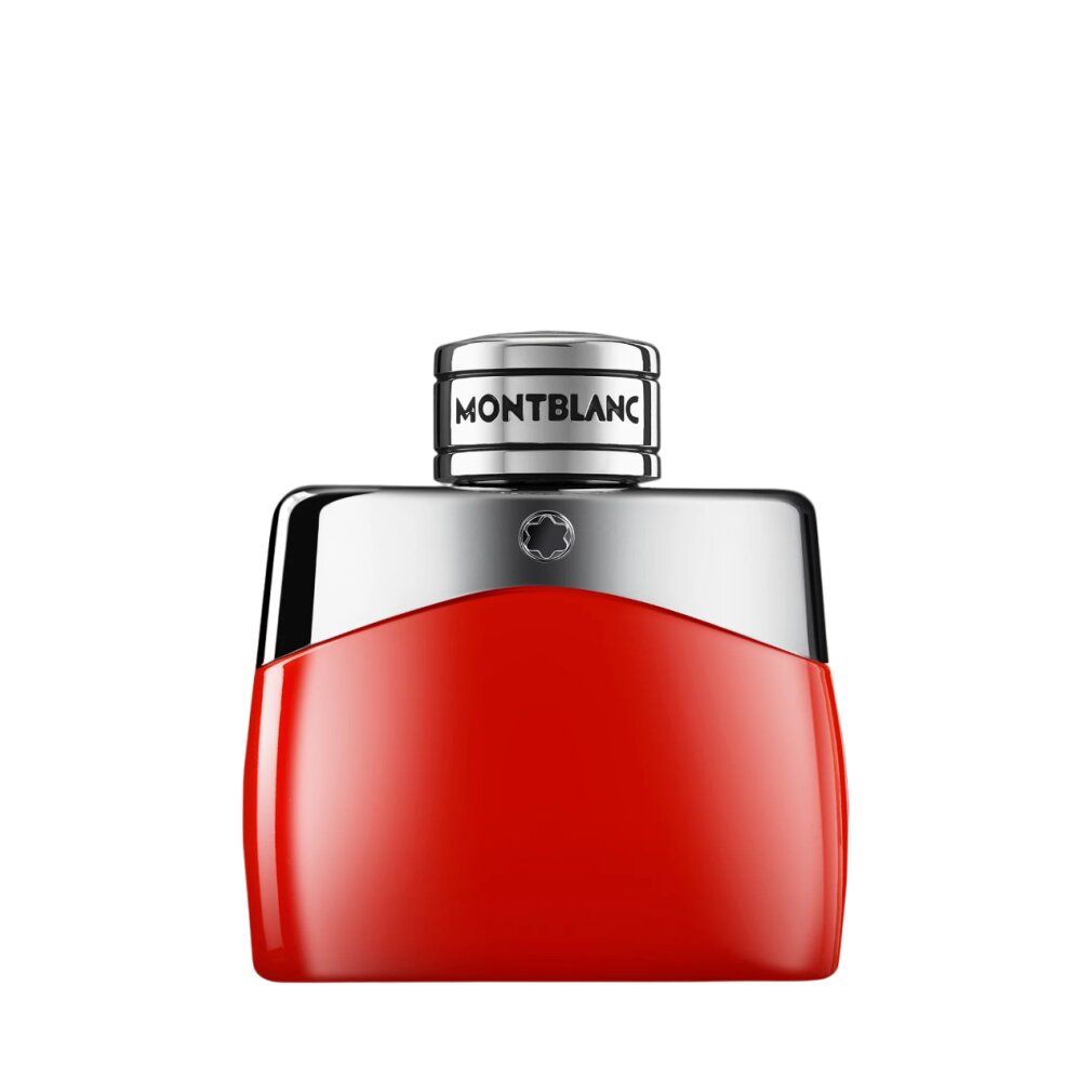 Rote Montblanc Legend Eau de Parfum Flasche mit silbernem Deckel und Montblanc-Logo.