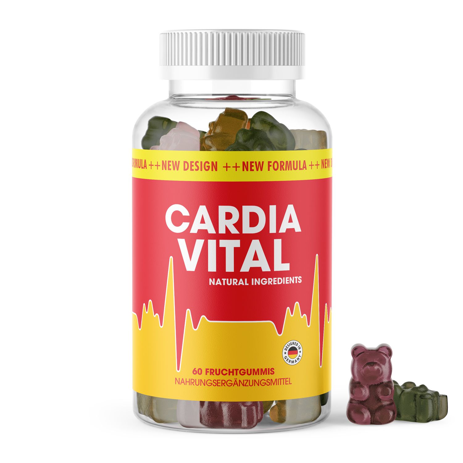 Klare Plastikflasche mit rotem Etikett. Aufschrift CARDIA VITAL, darunter NATURAL INGREDIENTS. 60 Fruchtgummis. Zwei Gummibärchen daneben.