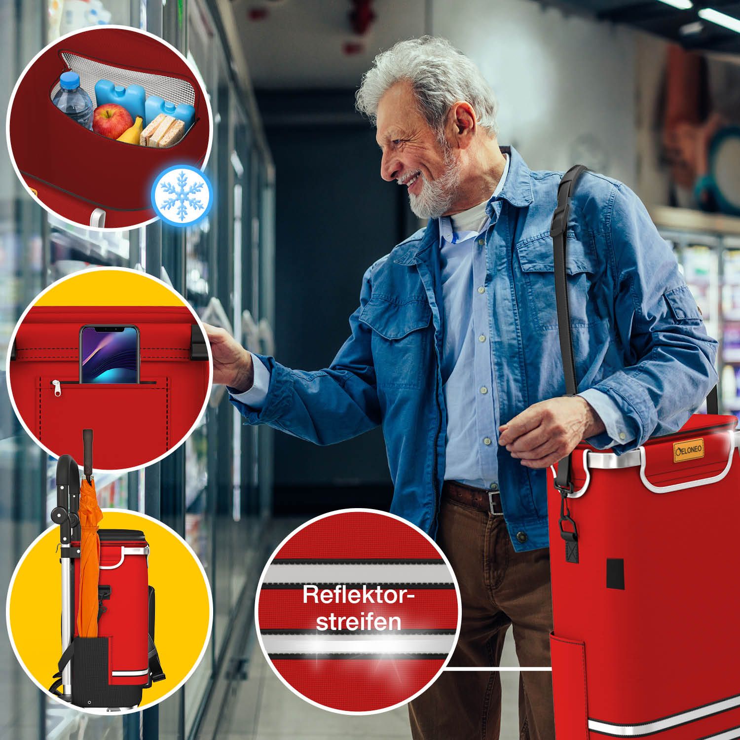 Mann am Kühlschrank, Einkaufstrolley mit roter Tasche. Reflektorstreifen, Kühltasche, Innentasche.