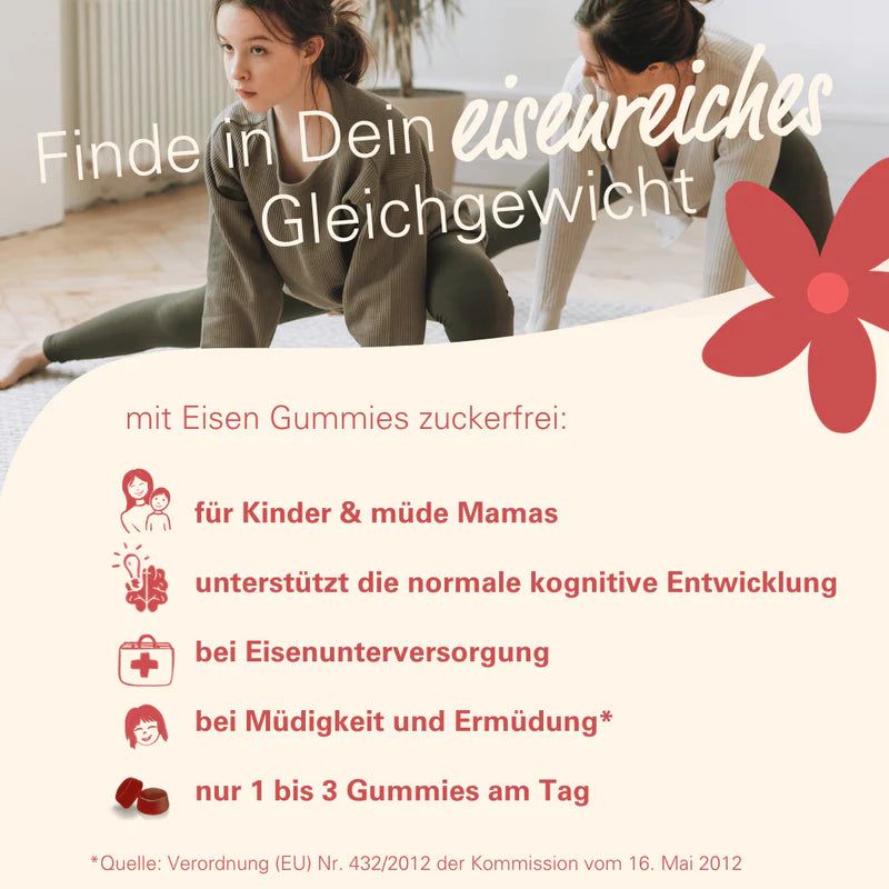Flasche WOWTAMINS Eisen Gummibärchen, zuckerfrei, 60 Stück, mit Waschbären-Motiv, Blumen und Text.