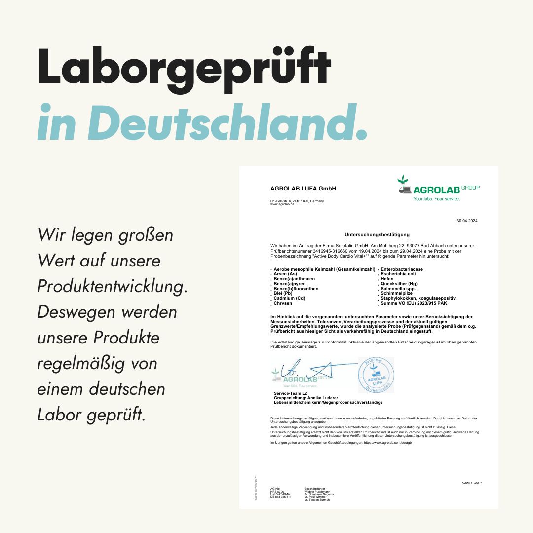 Zertifikat von Agrolab LUFA GmbH. Text: Laborgeprüft in Deutschland. Wir legen großen Wert auf unsere Produktentwicklung.