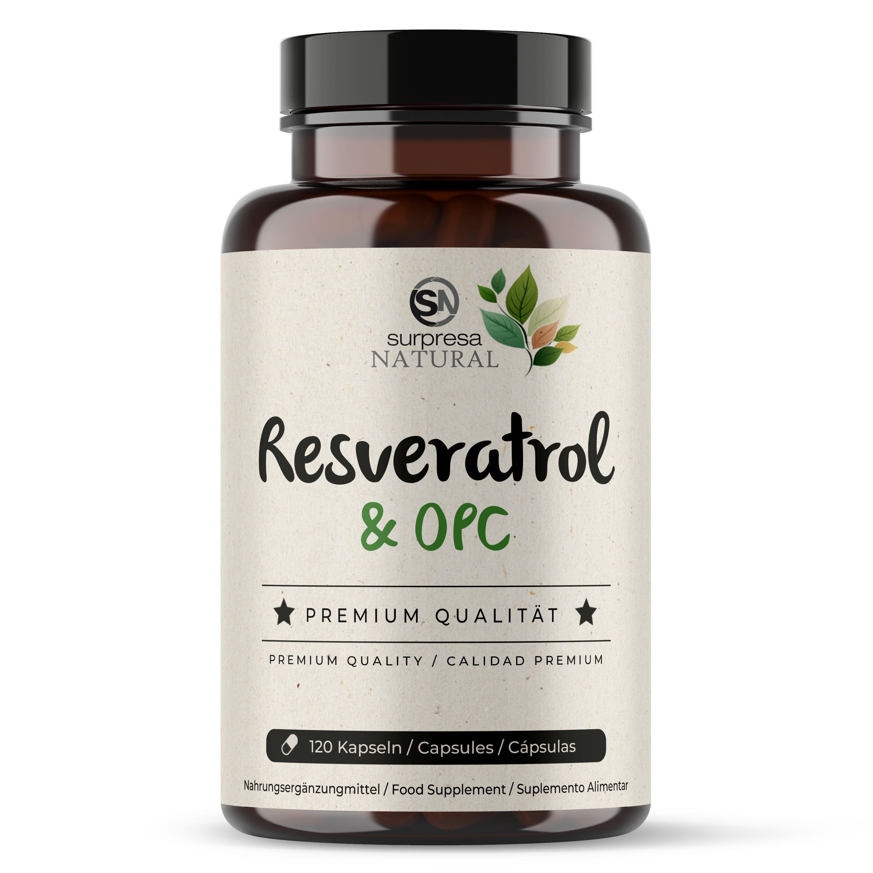 Braune Kapseln in einer braunen Flasche mit weißem Etikett. Aufschrift: Resveratrol & OPC, Premium Qualität. 120 Kapseln.