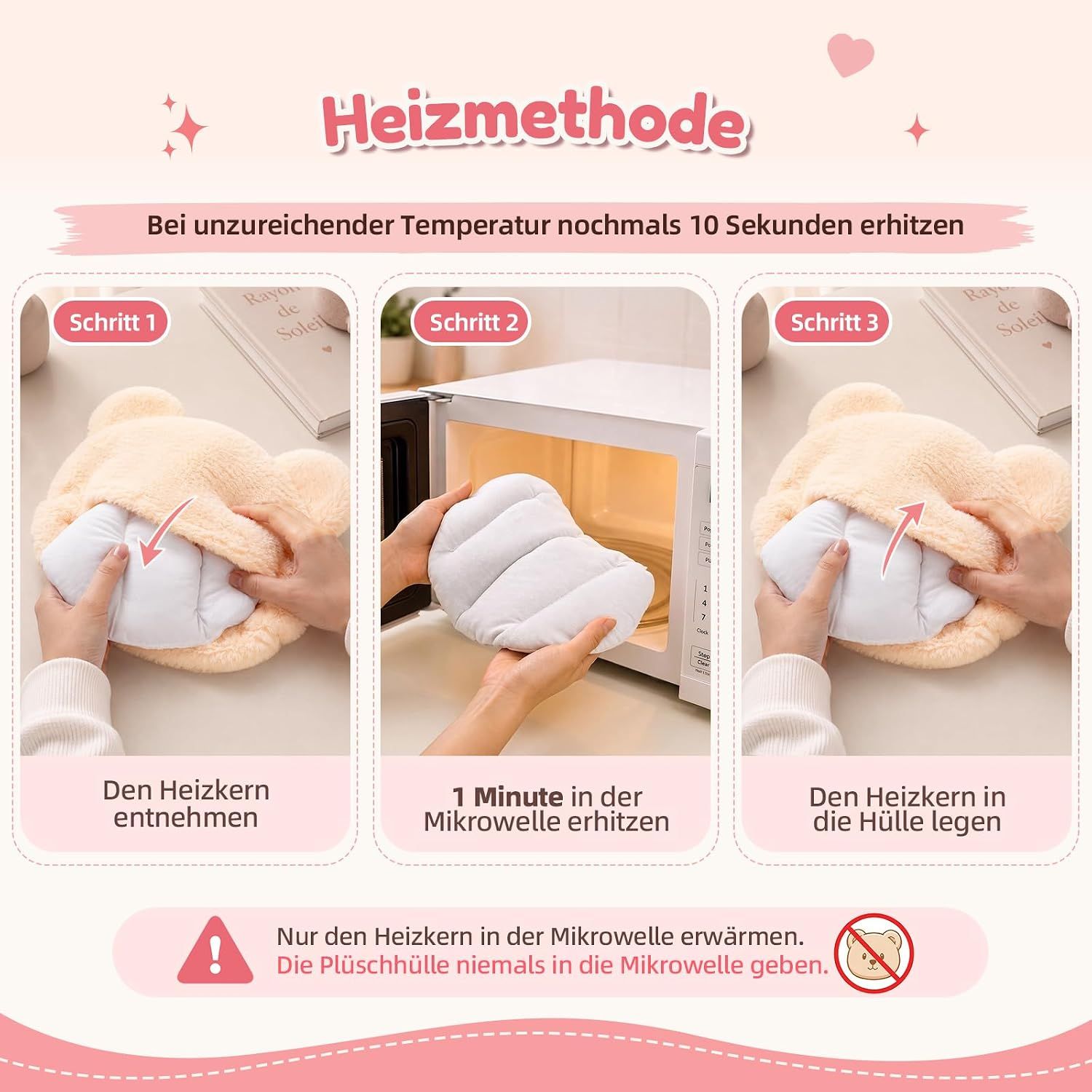 Anleitung zur Erwärmung eines Heizkerns in der Mikrowelle für eine kuschelige Füllung, nicht die Hülle.