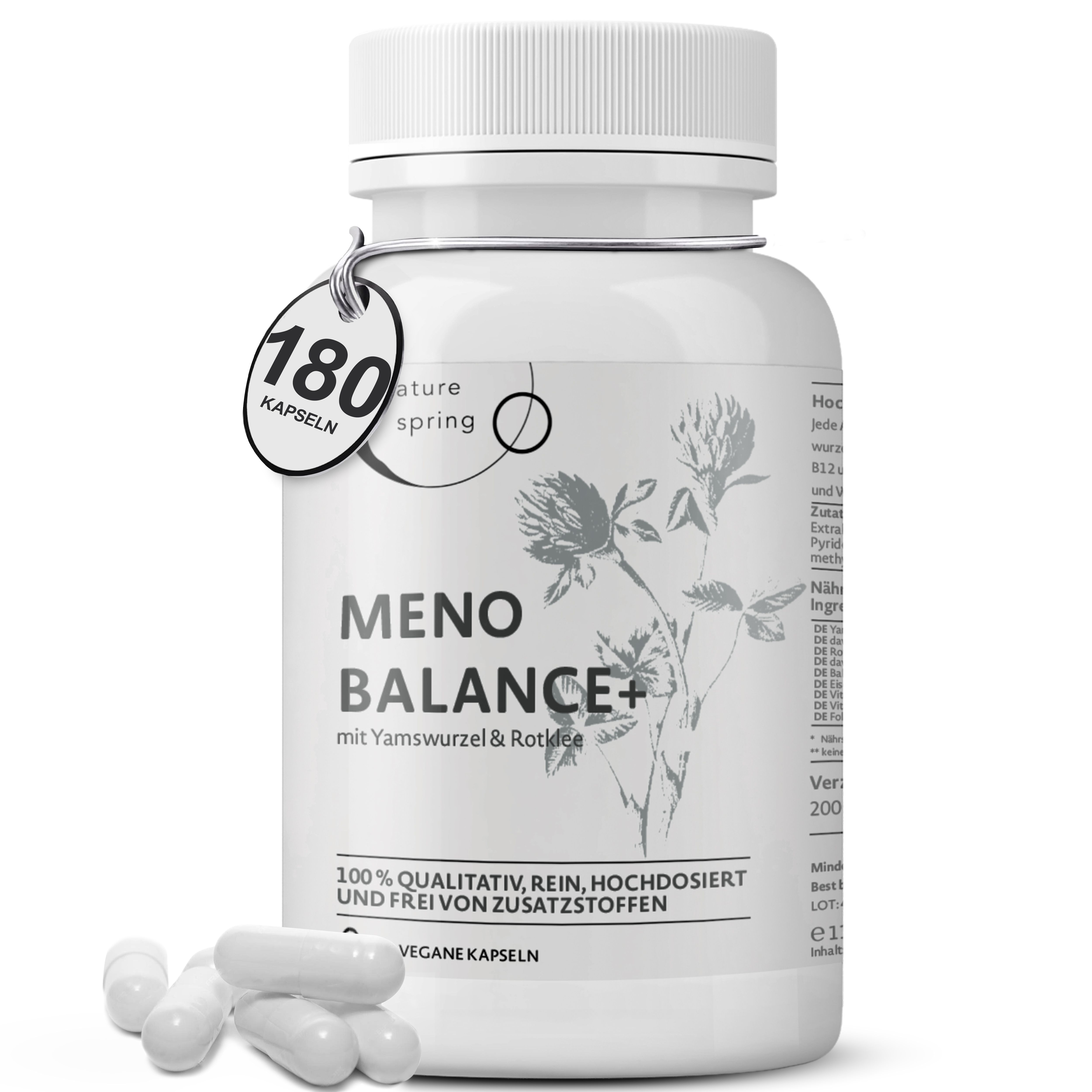 Weiße Kapseln neben einer Flasche "Meno Balance+". Aufschrift: "180 Kapseln". Text: 100% qualitativ, rein, hochdosiert und frei von Zusatzstoffen. Vegane Kapseln.