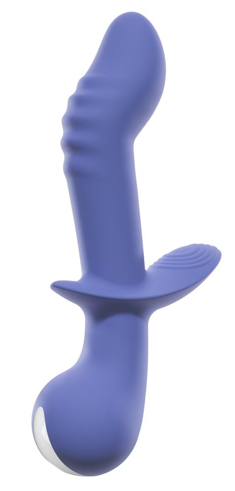 Lila Vibrator mit Klitorisstimulator. Ergonomische Form mit geriffelter Oberfläche.
