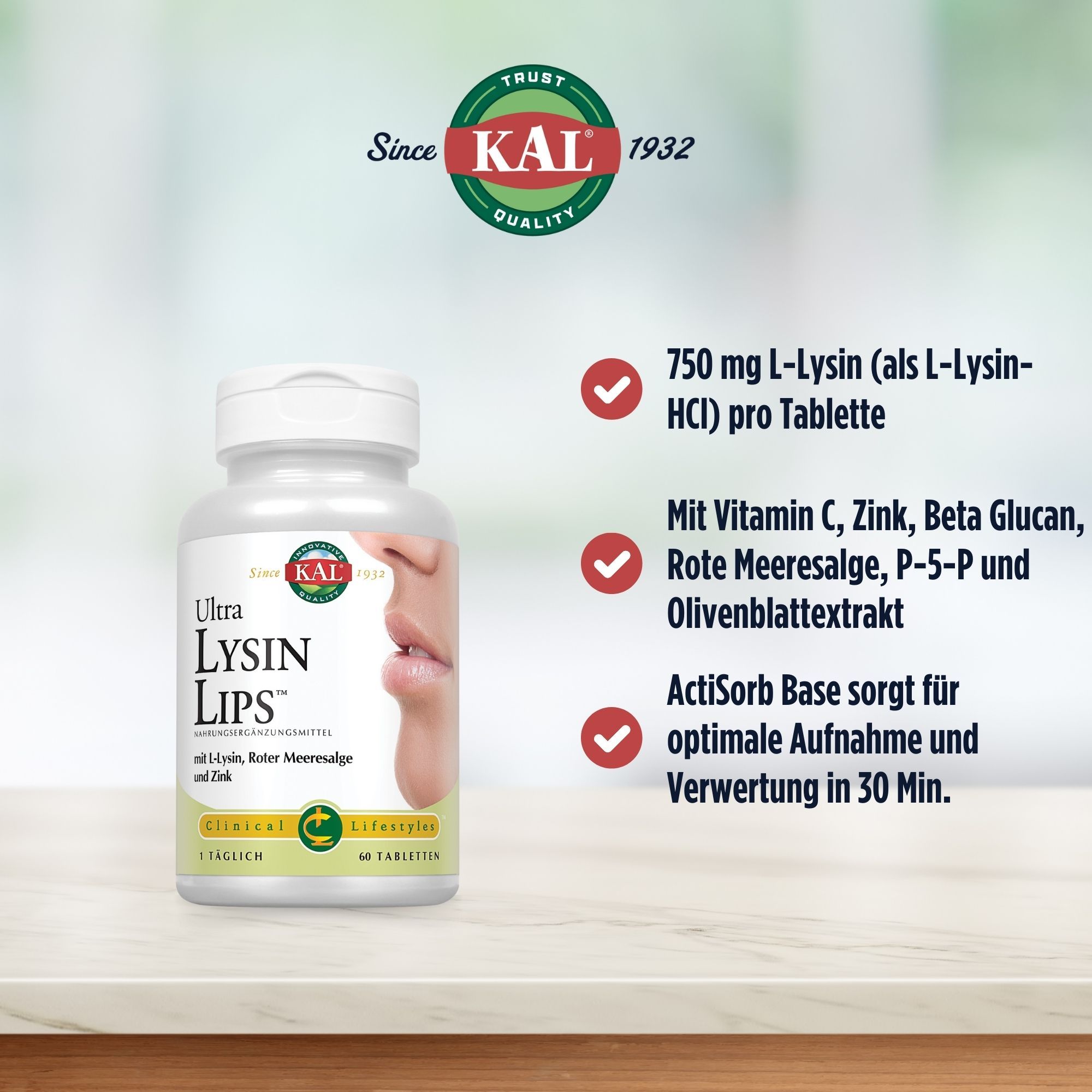 Weiße Flasche "Ultra Lysin Lips" mit Text. Text: 750 mg L-Lysin pro Tablette. Mit Vitamin C, Zink, Beta Glucan, Rote Meeresalge, P-5-P und Olivenblattextrakt.