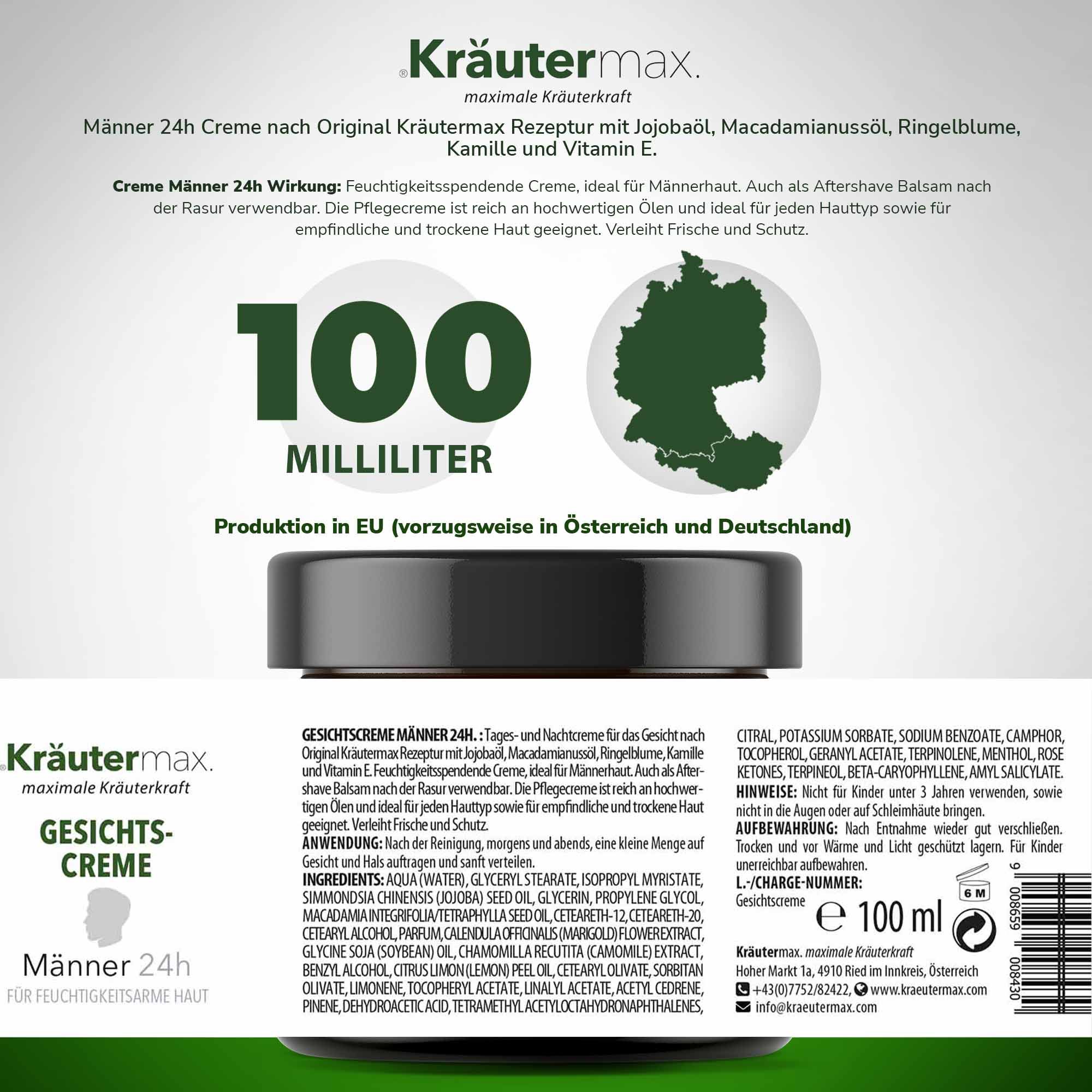 Produktverpackung mit Produktglas und Text. 100 Milliliter. Text über Inhaltsstoffe und Anwendung. Kräutermax Logo.