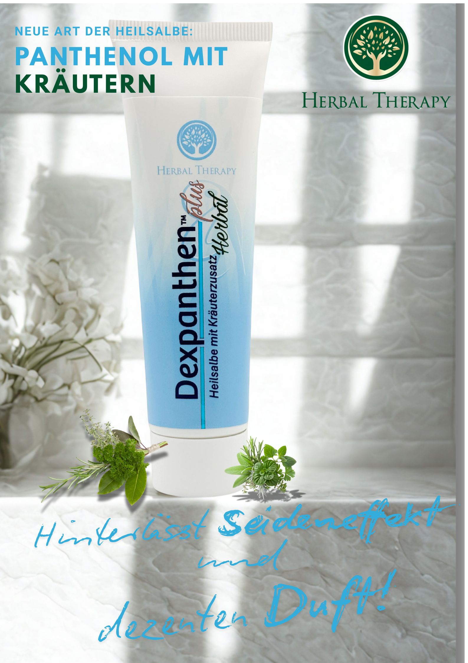 Werbeplakat mit Herbal Therapy Dexpanthen plus Herbal. Tube, Kräuter und Text: Neue Art der Heilsalbe, Hinterlässt Seideneffekt und dezenter Duft!