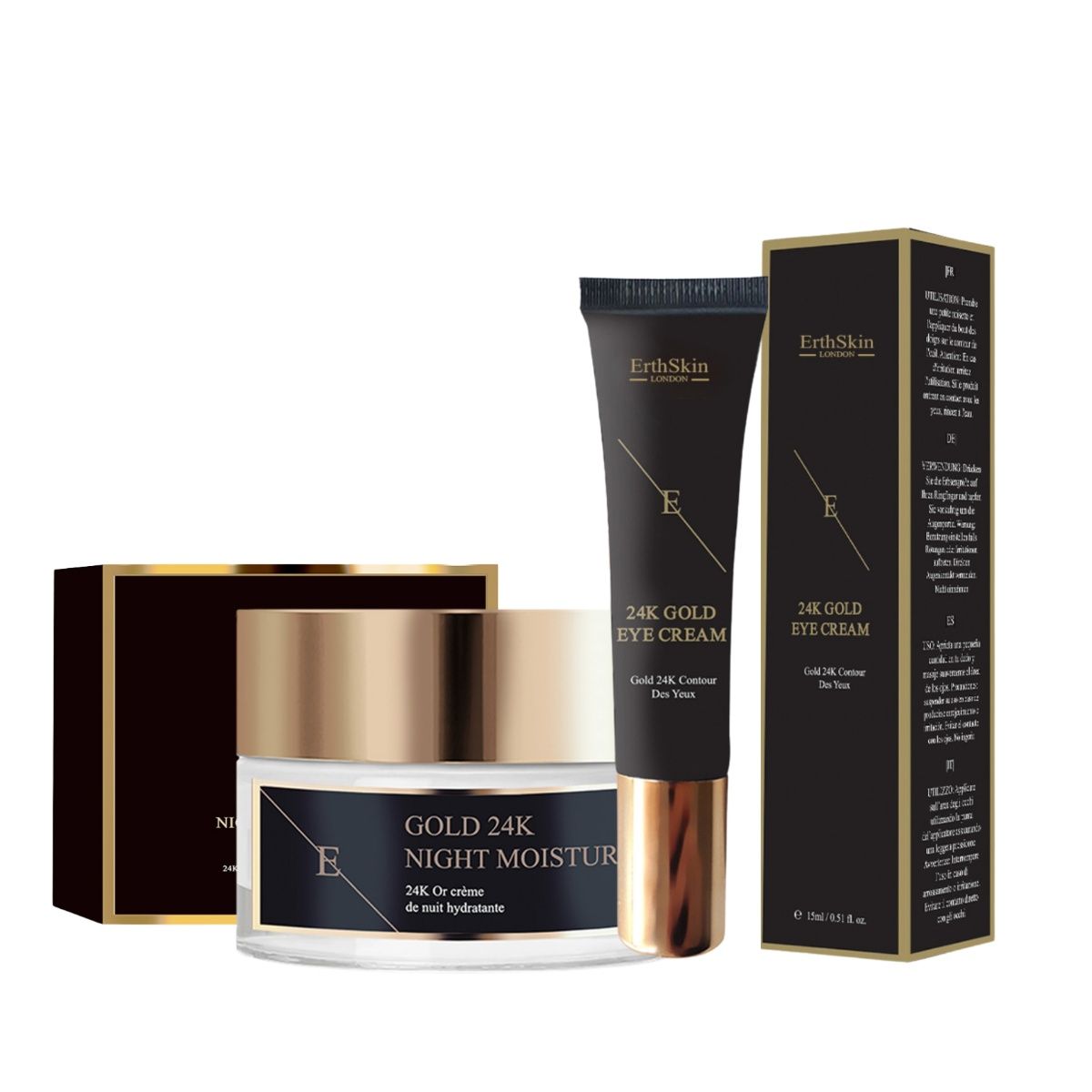 ErthSkin London Nachtcreme und Augencreme. Schwarze Verpackung mit Goldakzenten. Produktnamen und Logo sichtbar.