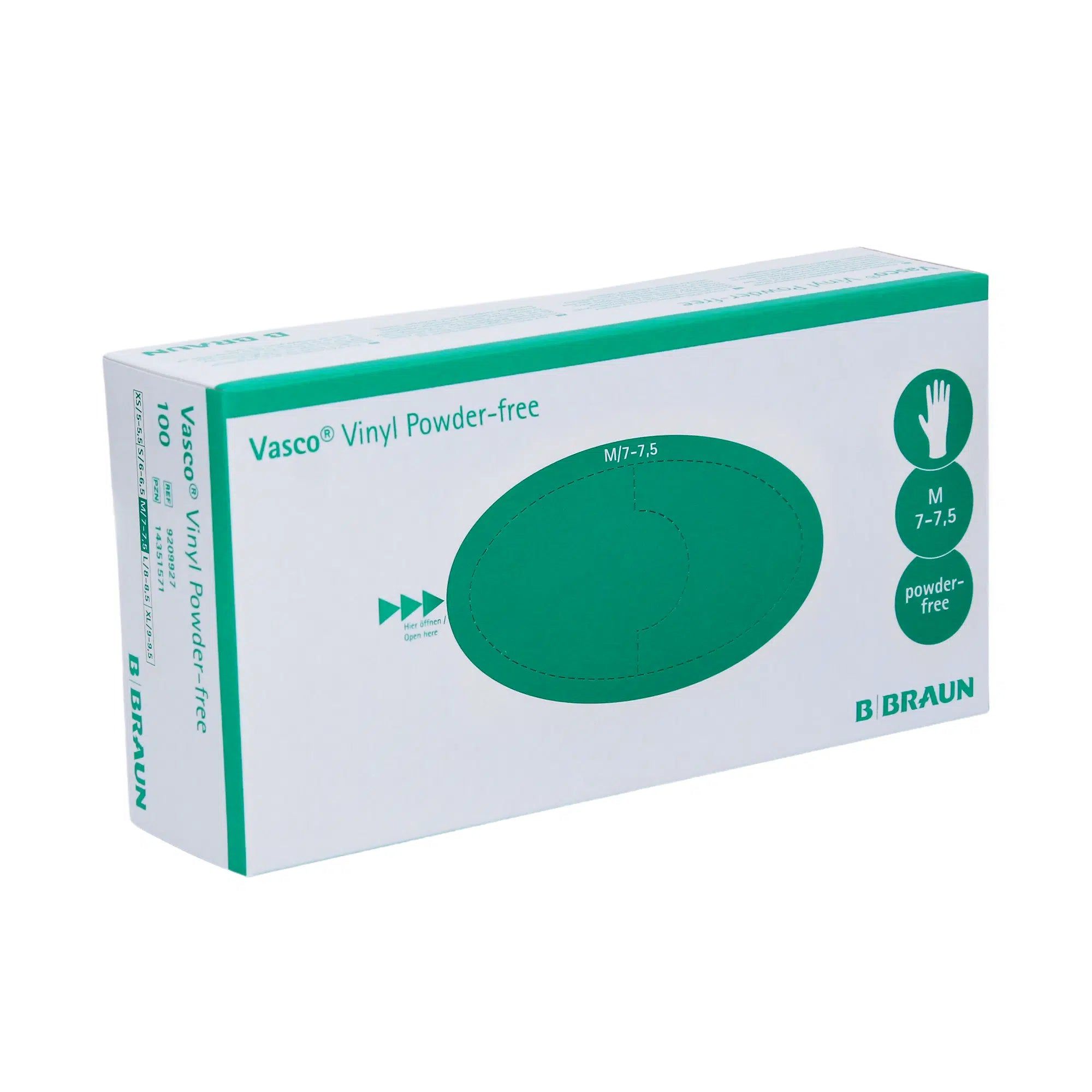 Verpackung von B. Braun Vasco® Vinyl Powder-free Einmalhandschuhen. Weiße Schachtel mit grünem Oval und Produktinformationen. Größe M, puderfrei.