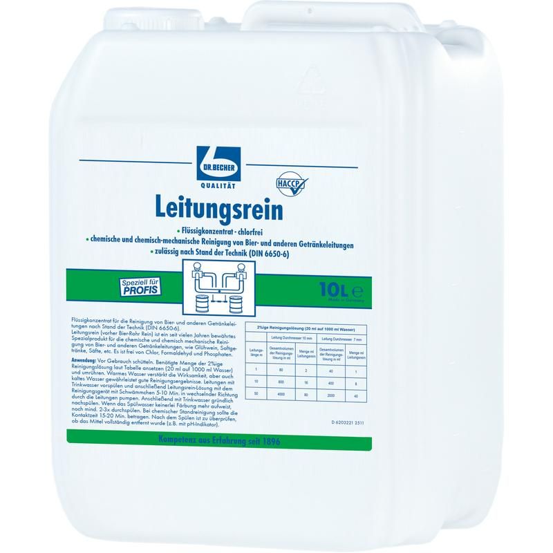 Weißer Kanister mit Aufschrift "Leitungsrein". Enthält 10 Liter. Marke: Dr. Becher. Mit HACCP-Zertifizierung. Für chemische Reinigung.