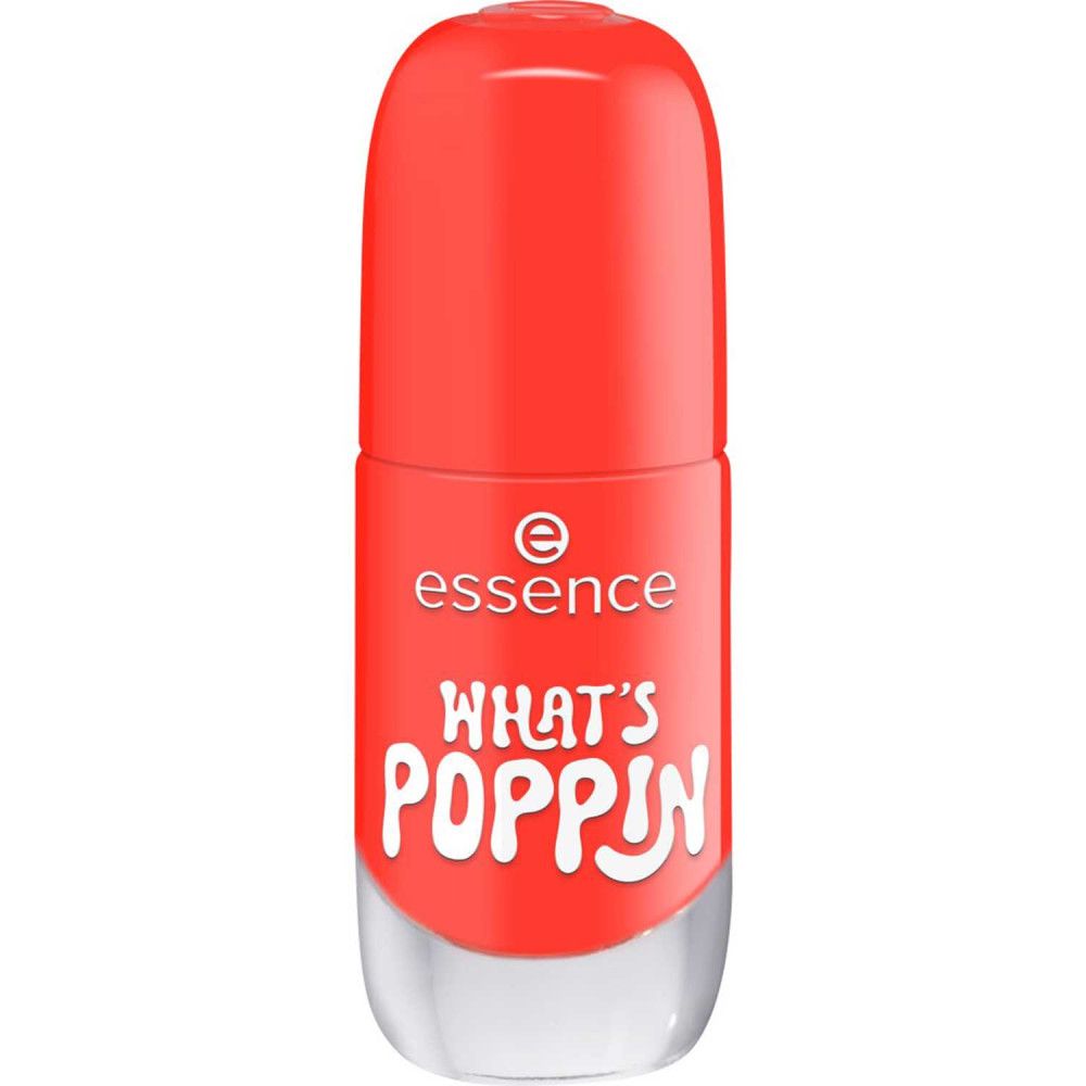 Geschlossene Nagellackflasche. Roter Nagellack, transparente Basis. Aufschrift: Essence, WHAT'S POPPIN.