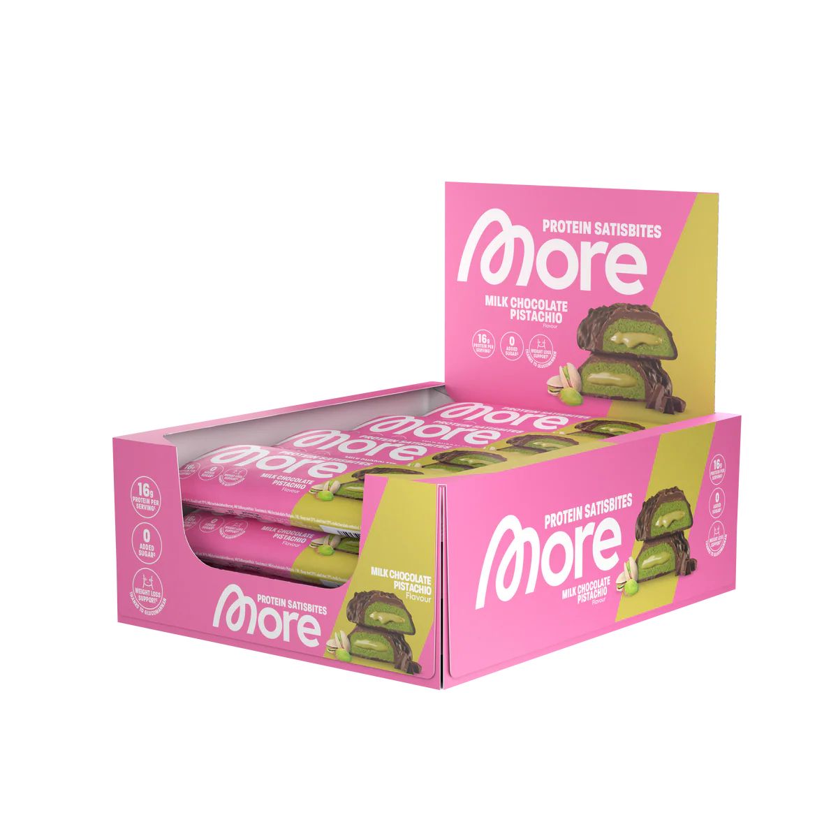 Rosa Karton mit Protein Satisbites. Aufdruck: More, Milk Chocolate Pistachio. Einzelne Riegel sichtbar.
