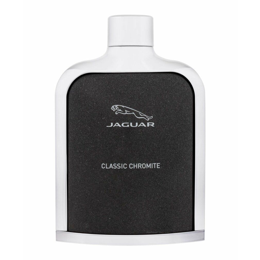 Weiß-schwarzer Flakon. Jaguar-Logo und Schriftzug Classic Chromite. Rechteckige Form mit abgerundeten Ecken.