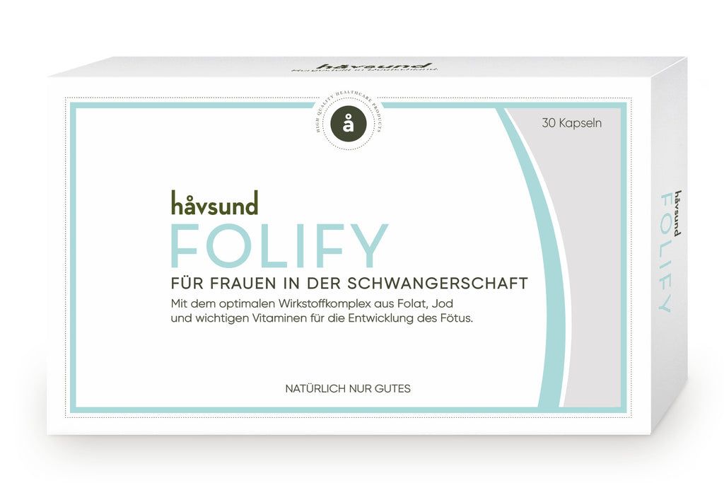 Weißer Karton mit blauem Design. Aufschrift: håvsund FOLIFY, für Frauen in der Schwangerschaft. 30 Kapseln.
