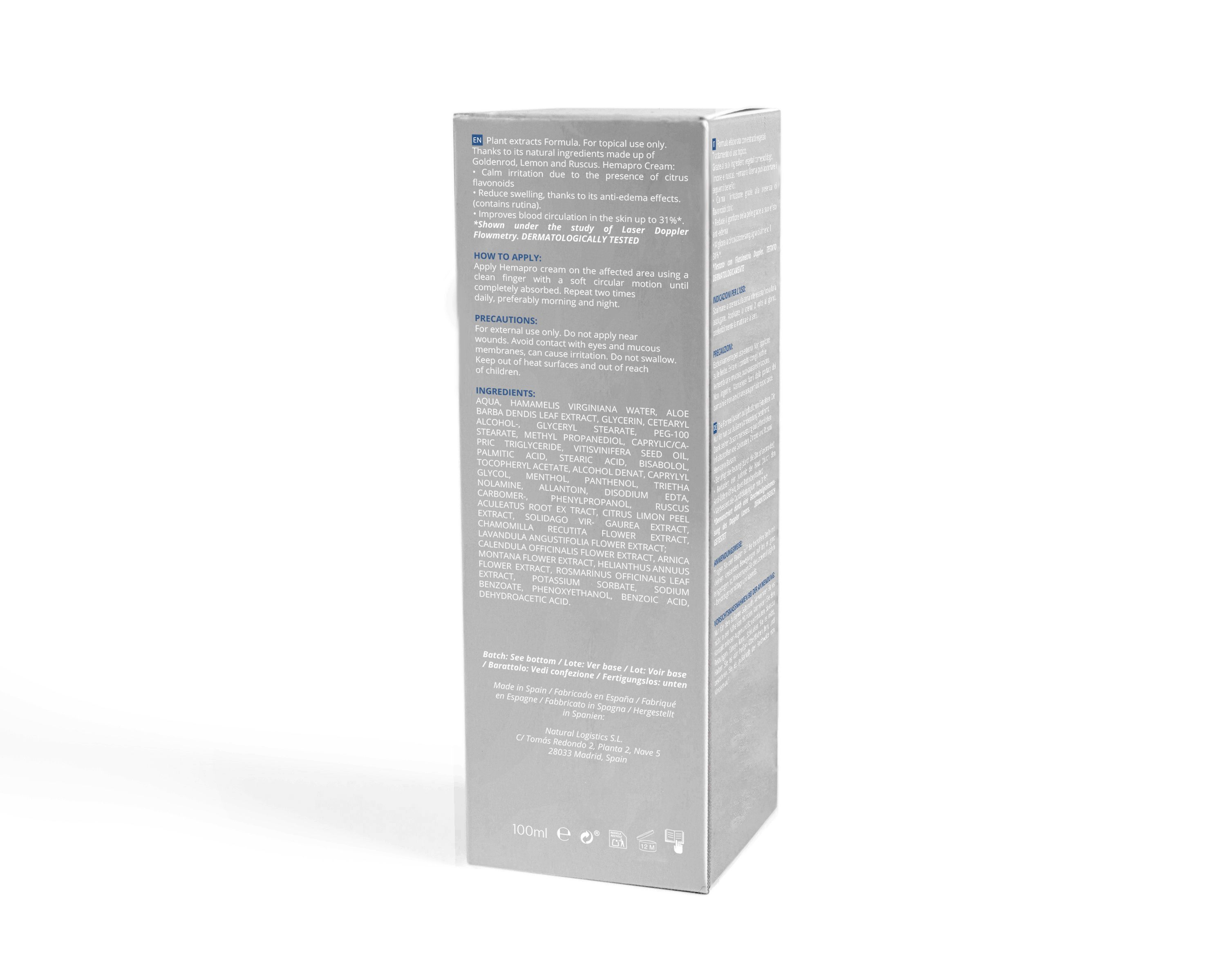 Produktverpackung, Rückseite. Grauer Hintergrund mit Text. Mehrsprachige Produktinformationen und Vorsichtsmaßnahmen.