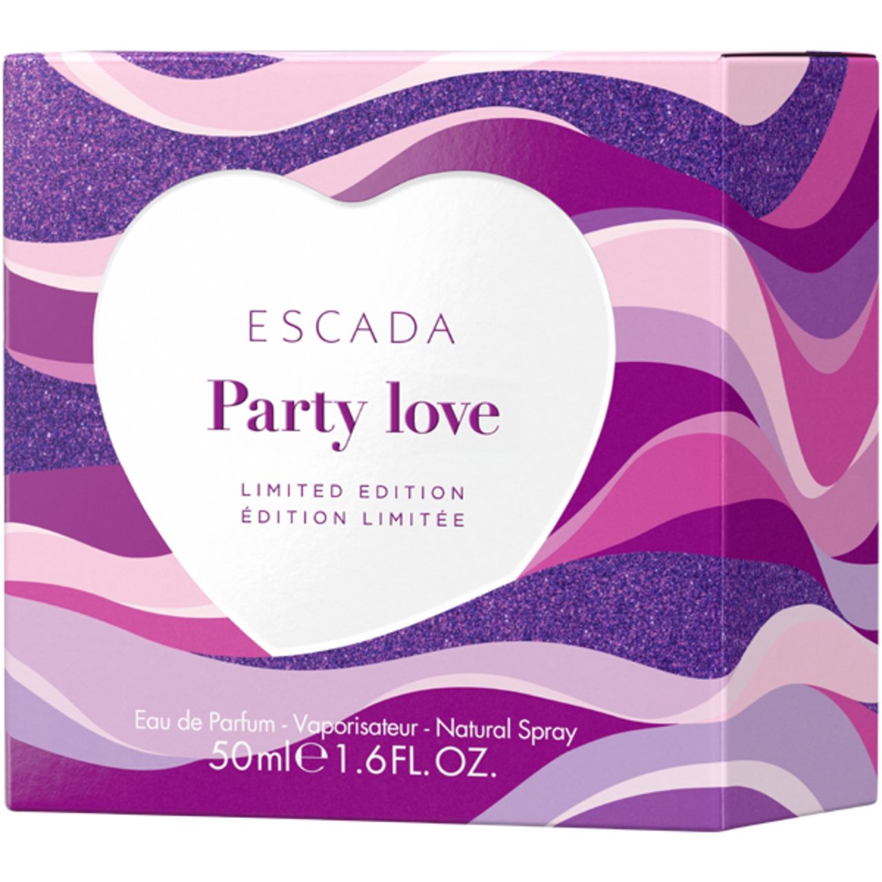 Verpackung von Escada Party Love. Weißes Herz auf wellenförmigem Hintergrund.
