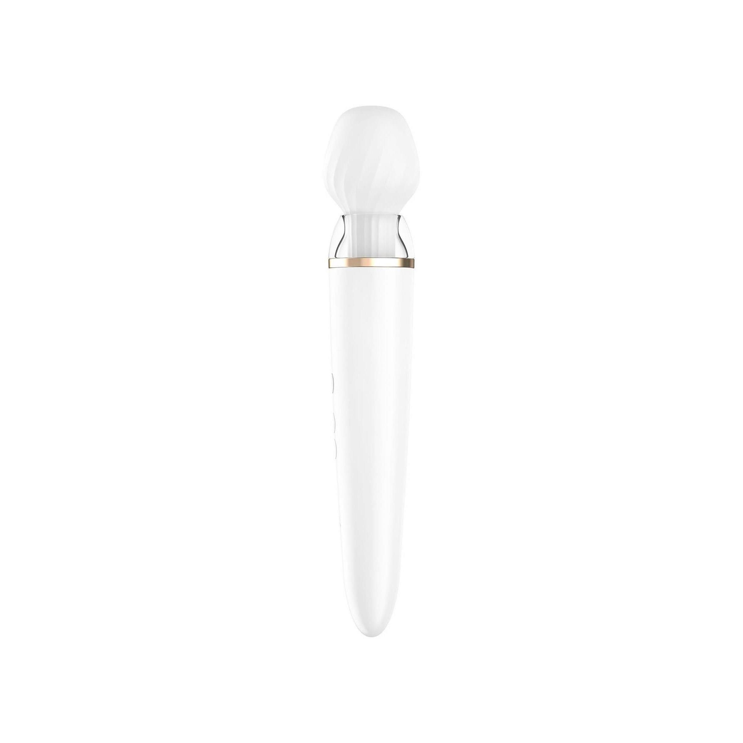 Weißer Vibrator mit rundem, texturiertem Kopf und schlankem Griff.