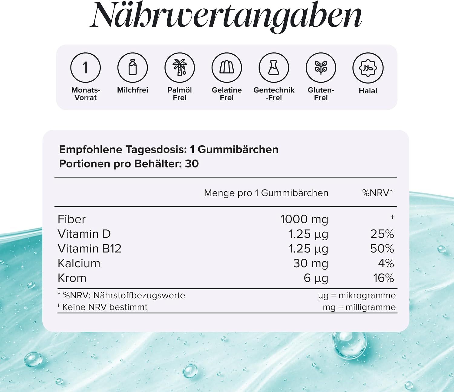 Nährwertangaben für Gummibärchen: Ballaststoffe, Vitamin D, B12, Kalzium, Chrom.