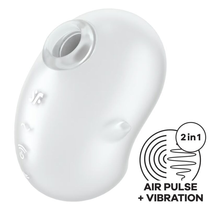 Weißer Auflegevibrator mit Logo und Grafik. Grafik: 2 in 1, Air Pulse + Vibration.