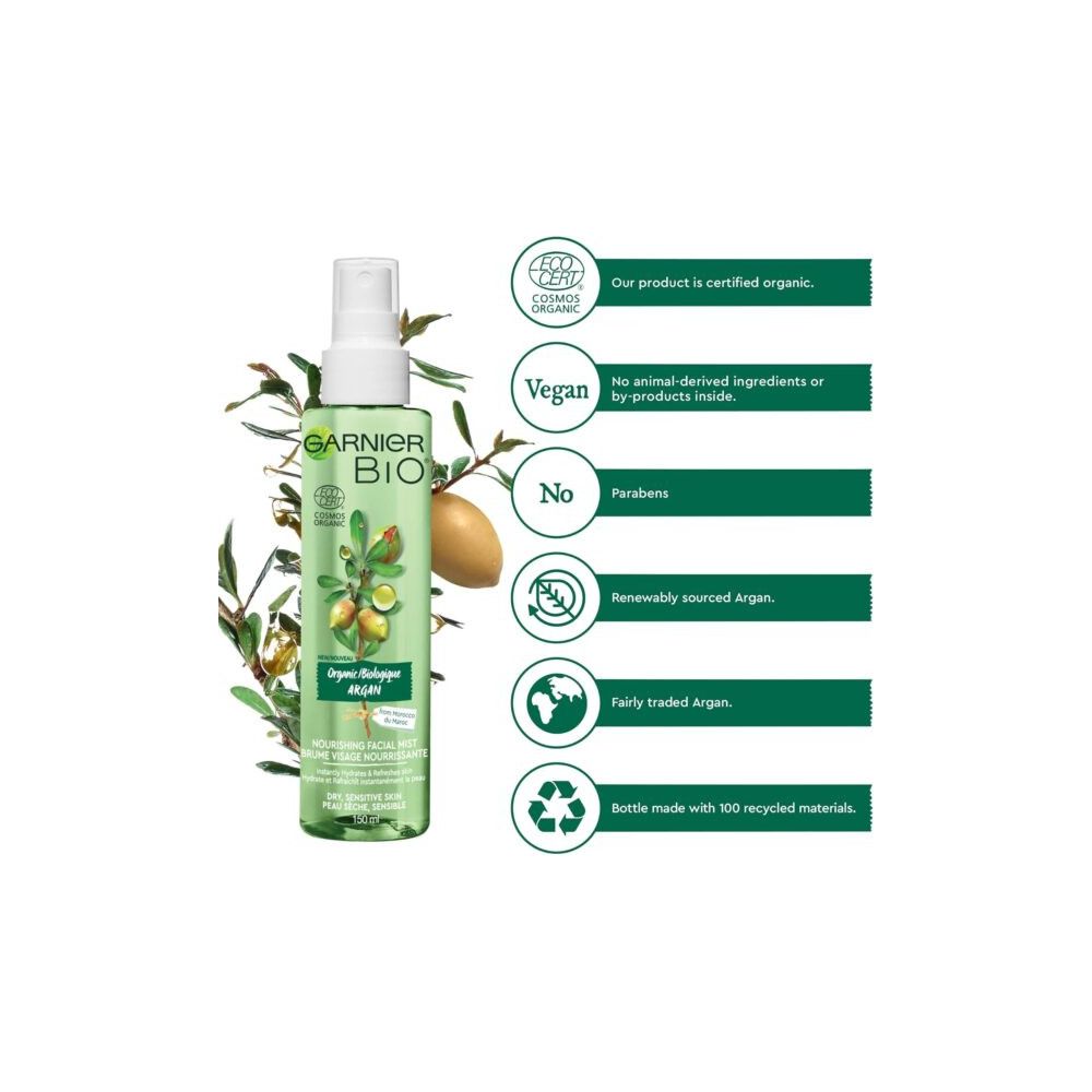 Grüne Sprühflasche mit Garnier Bio-Logo und Argan-Abbildung. Zertifizierungen: Ecocert, Vegan, recycelte Materialien.