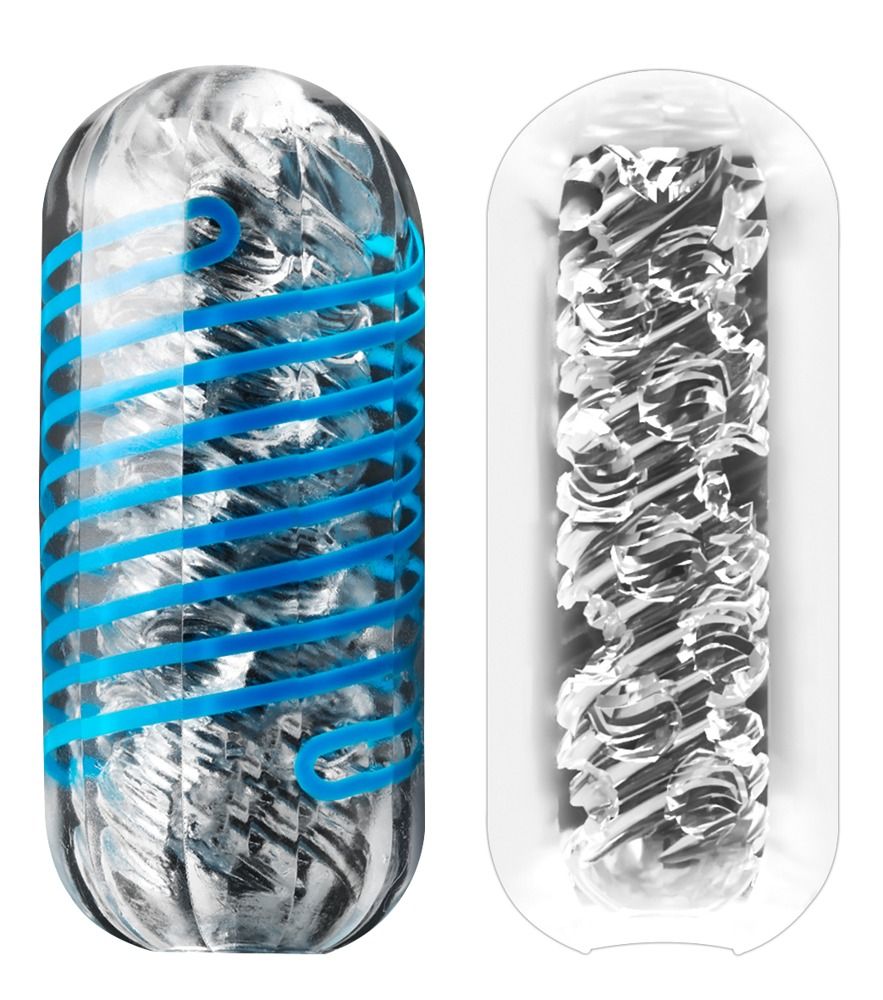 Transparenter Masturbator mit blauen Spiralen und Innenstruktur, daneben die Verpackung.