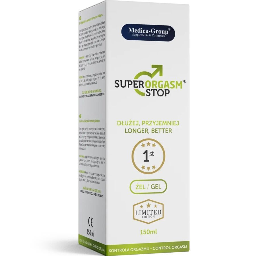 Verpackung des Medica-Group Super Orgasm Stop Intimgels für Männer, 150ml.