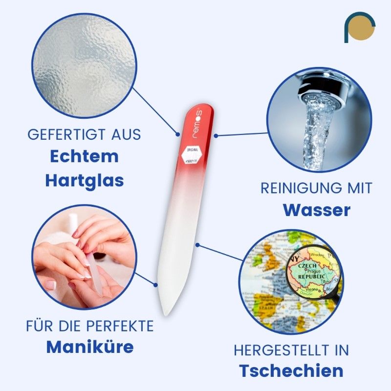 Glasnagelfeile, rot-weiß, mit Text. Beschriftung: Gefertigt aus Echtglas, Reinigung mit Wasser, hergestellt in Tschechien.
