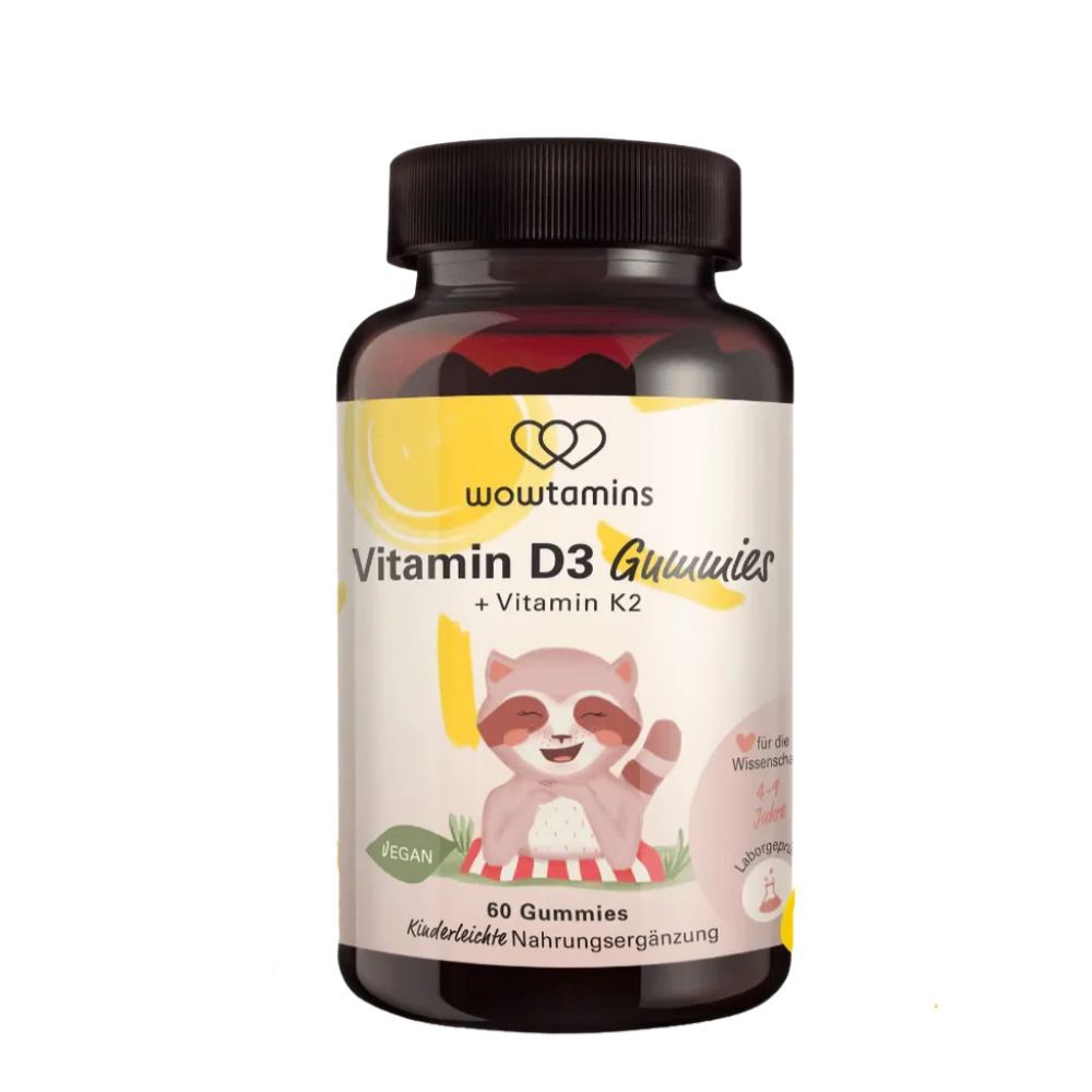 Braune Flasche mit wowtamins Vitamin D3 Gummies. 60 Gummies, vegan. Aufdruck: Vitamin K2.