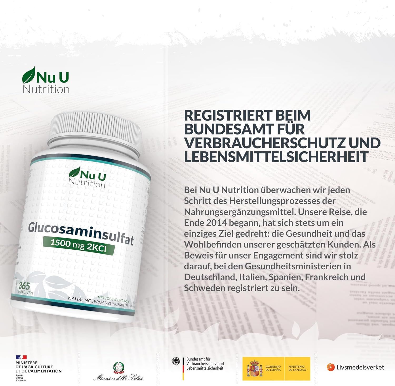 Produktflasche mit Glucosamin Sulfat 1500mg 2KCI. Text: Registriert beim Bundesamt für Verbraucherschutz und Lebensmittelsicherheit.