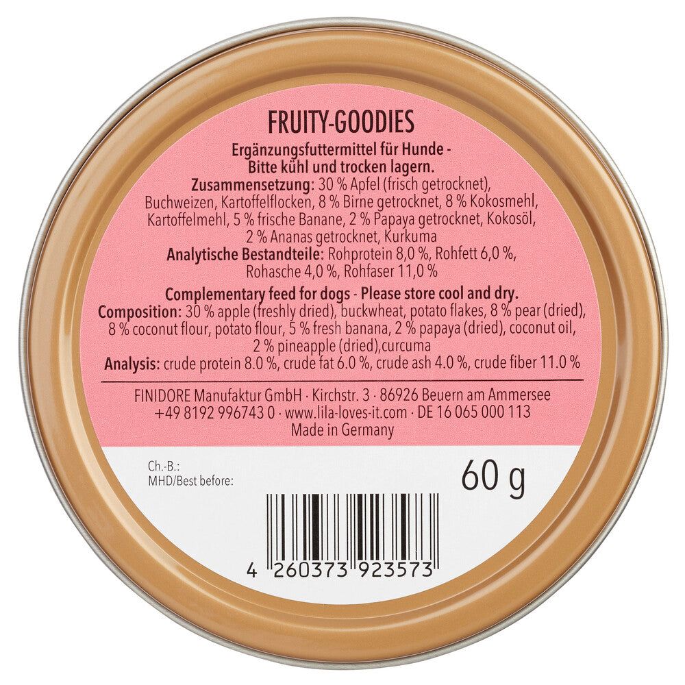 Runde Dose mit rosa Deckel. Aufschrift: Fruity-Goodies. Zutatenliste und Nährwertangaben. 60g.