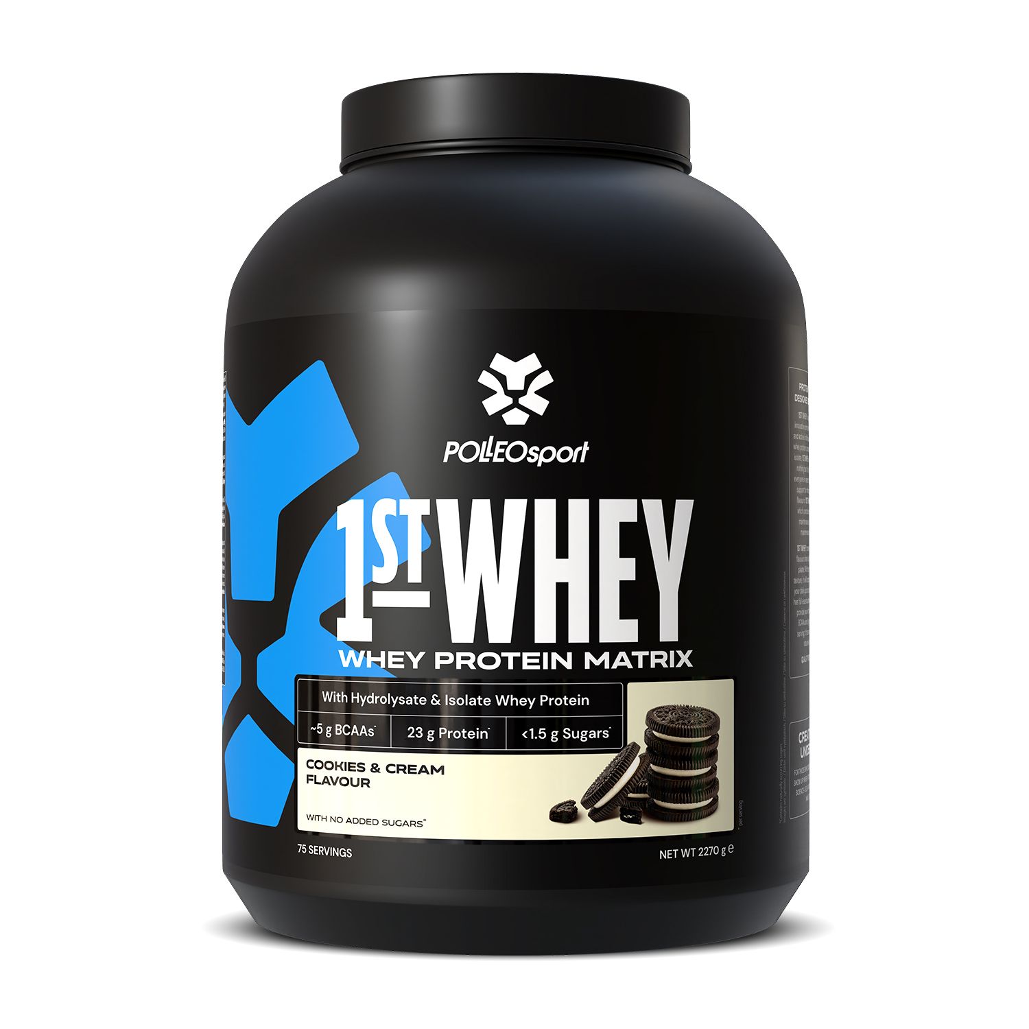 Schwarzer Behälter mit PolleoSport 1st Whey Protein Matrix, Cookies & Cream Geschmack.