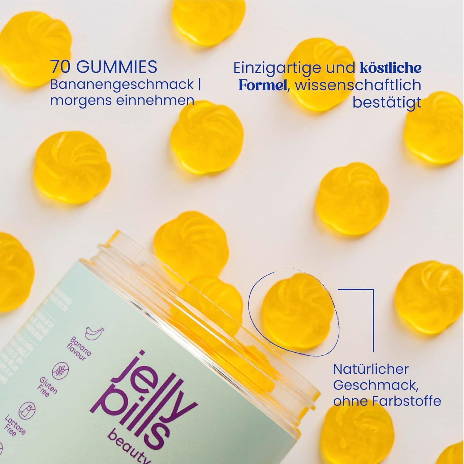 Offene Dose "Jelly Pills Derma Glow Gummies" mit Gummibärchen. Aufschrift: Bananengeschmack. Text: Natürlicher Geschmack, ohne Farbstoffe.