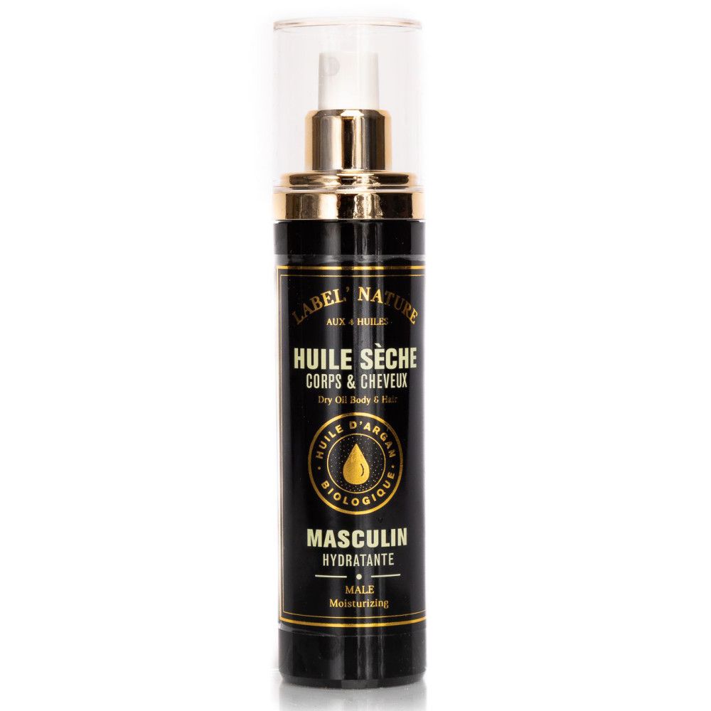 Schwarze Flasche mit goldfarbenem Sprühkopf. Beschriftung: Huile Sèche Corps & Cheveux, Masculin Hydratante. Mit Arganöl-Logo.