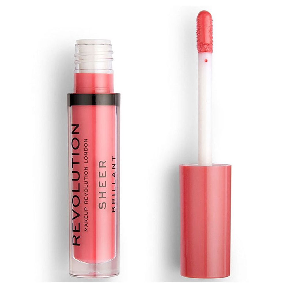 Lipgloss-Flakon mit Applikator. Der Lipgloss ist rosa. Der Applikator ist weiß mit rosa Spitze. Auf dem Flakon steht "REVOLUTION LONDON SHEER BRILLANT".