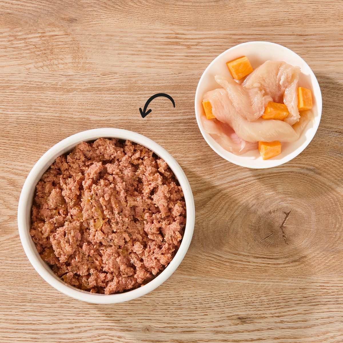 Zwei Schalen mit Zutaten. Links: Nassfutter. Rechts: Hühnerfleisch und Süßkartoffelstücke. Pfeil zeigt von links nach rechts.