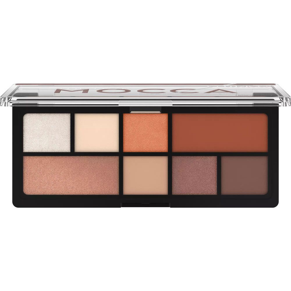 Lidschattenpalette mit 8 Farbtönen in Braun- und Beigetönen. Schwarzer Rahmen, transparente Abdeckung. Aufschrift: MOCCA.
