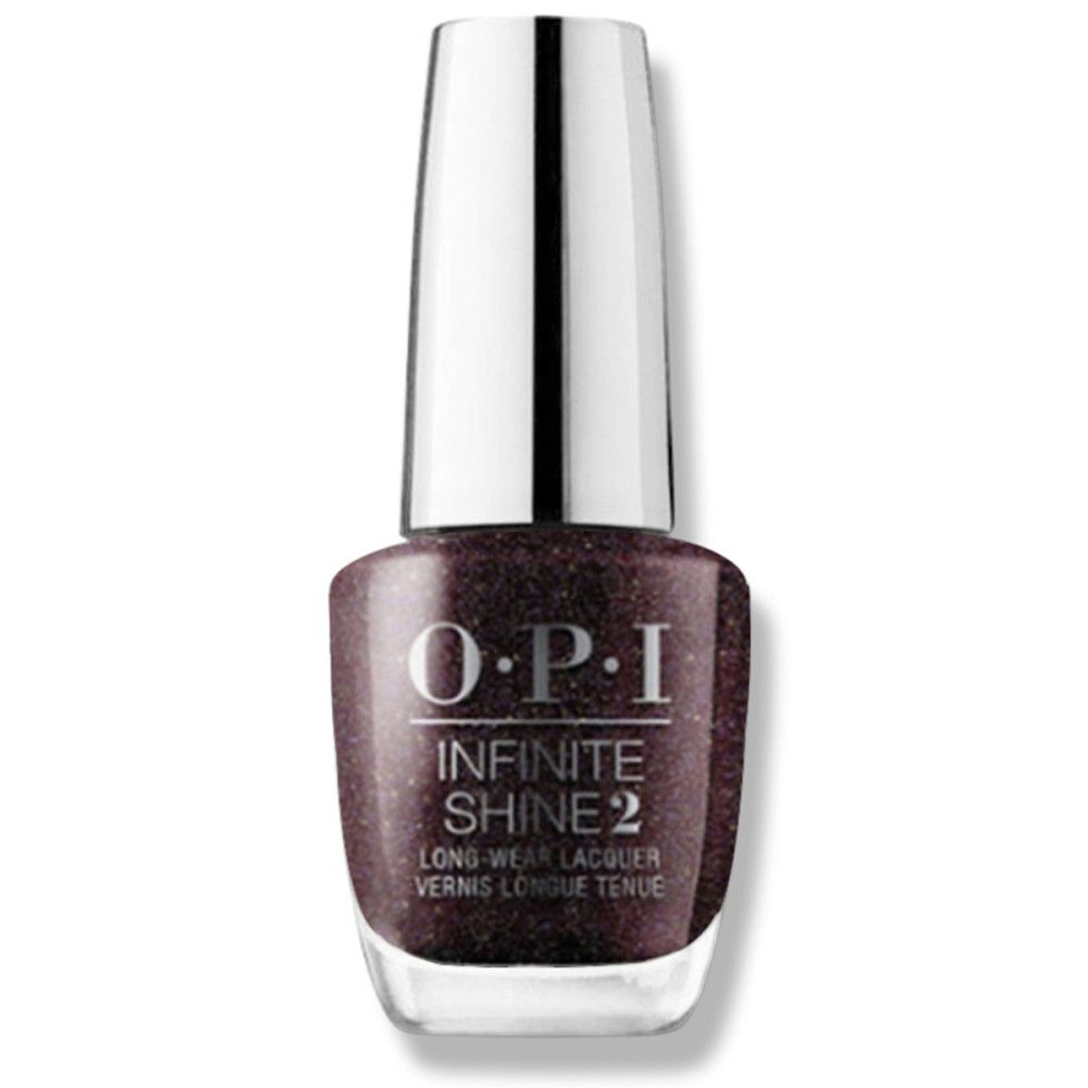 Nagellackflasche mit silbernem Deckel. Aufschrift: OPI Infinite Shine 2. Lang anhaltender Nagellack.