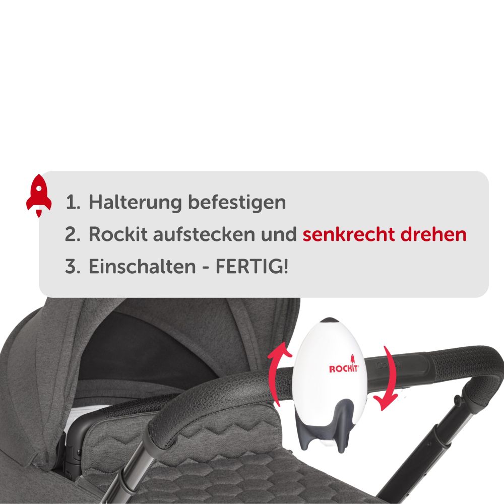 Nahaufnahme des Rockit Rocker an einem Kinderwagen. Der Rockit ist weiß mit schwarzen Elementen. Anweisungen: Halterung befestigen, Rockit aufstecken.