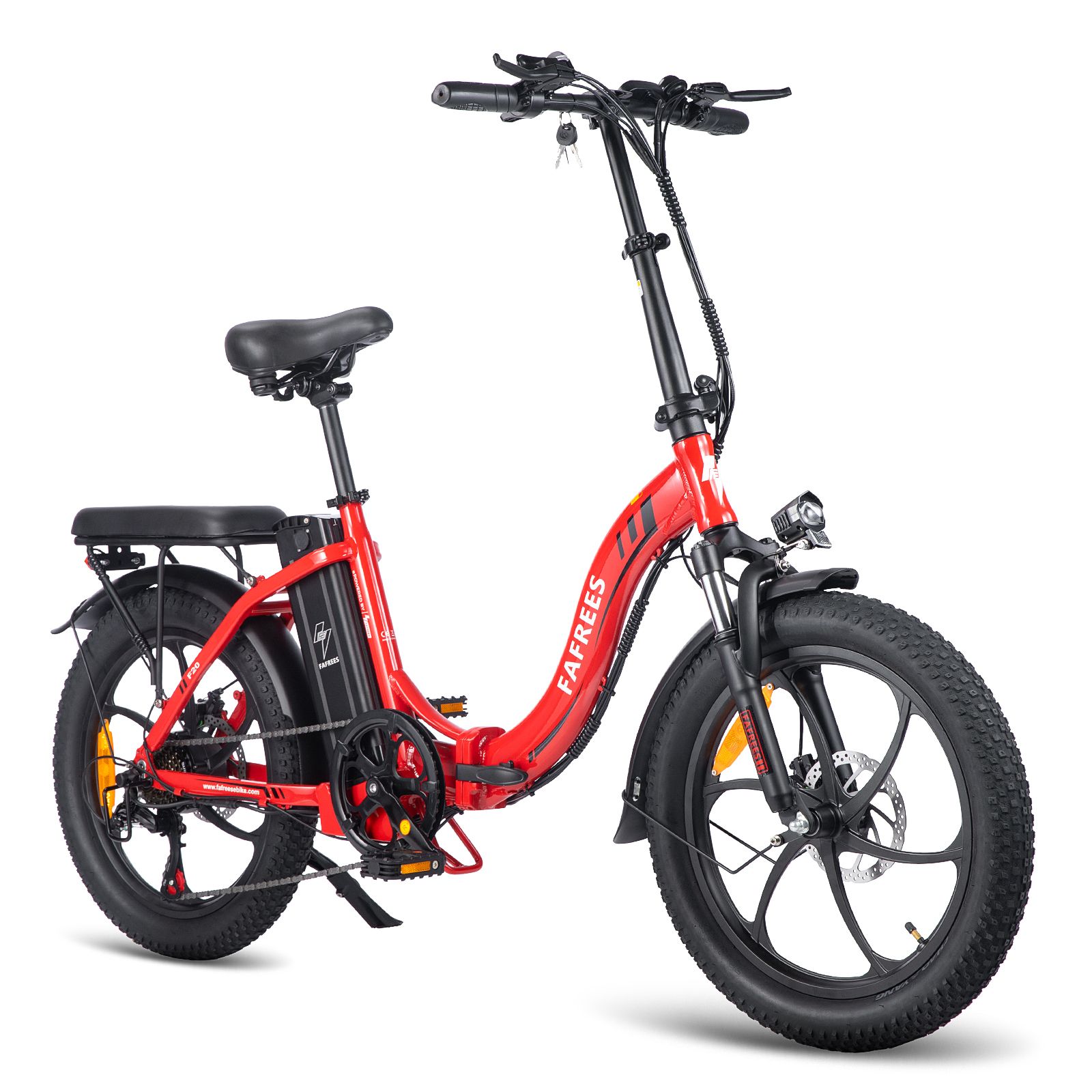 Rotes FAFREES F20 Klapp-E-Bike. Schwarze Reifen, Sattel und Gepäckträger. Akku am Rahmen. Beleuchtung und Schutzbleche.